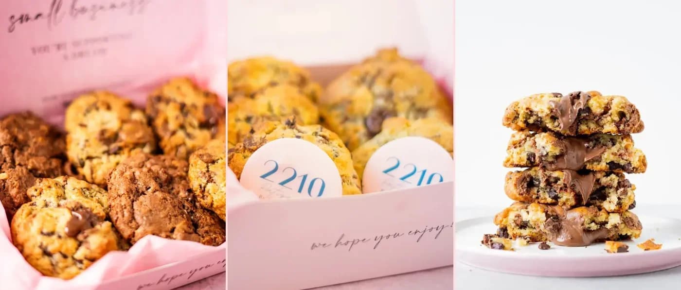 Boxes of cookies topped with a 2210 logo