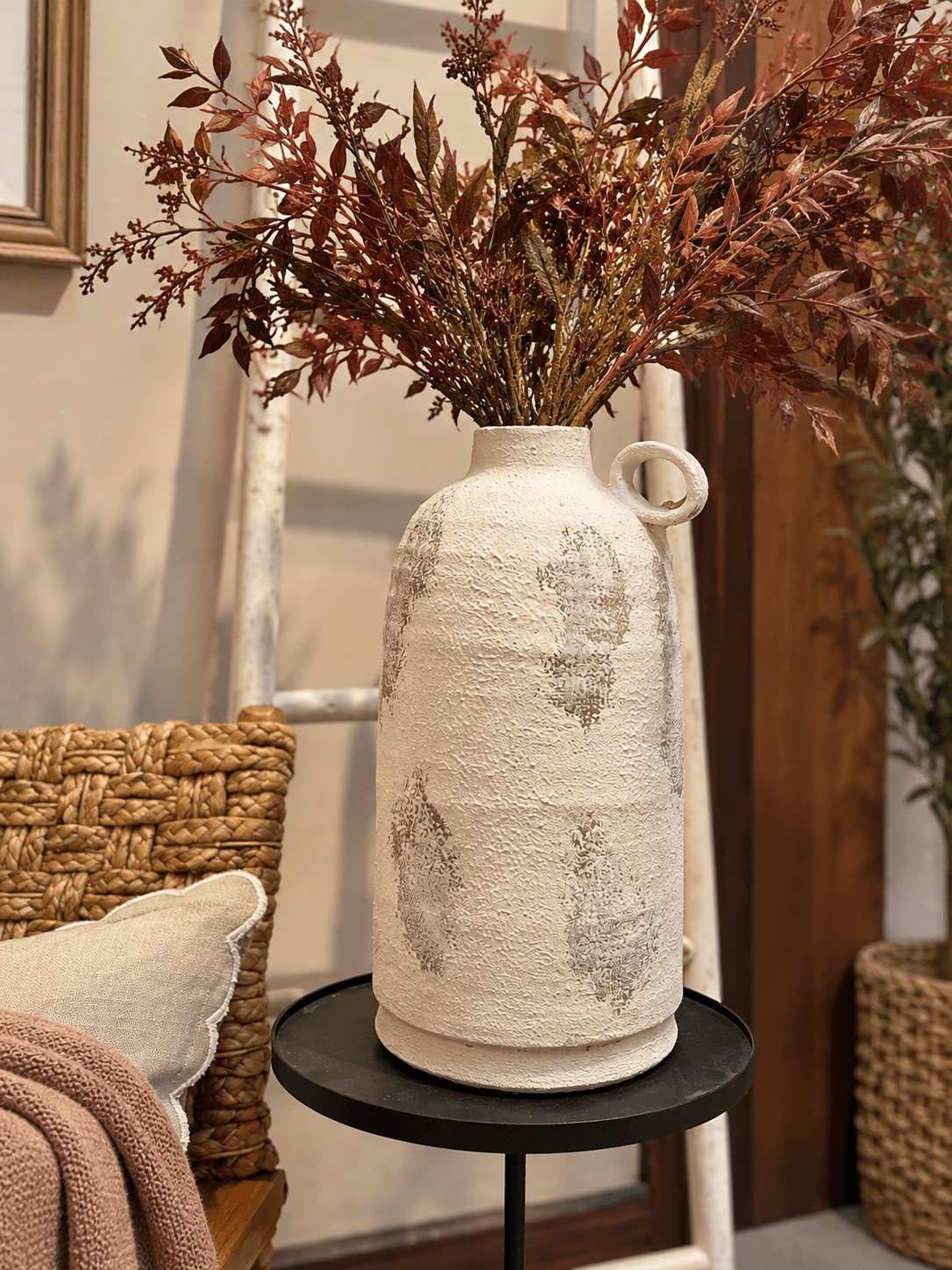 Distressed White Vase with Handle