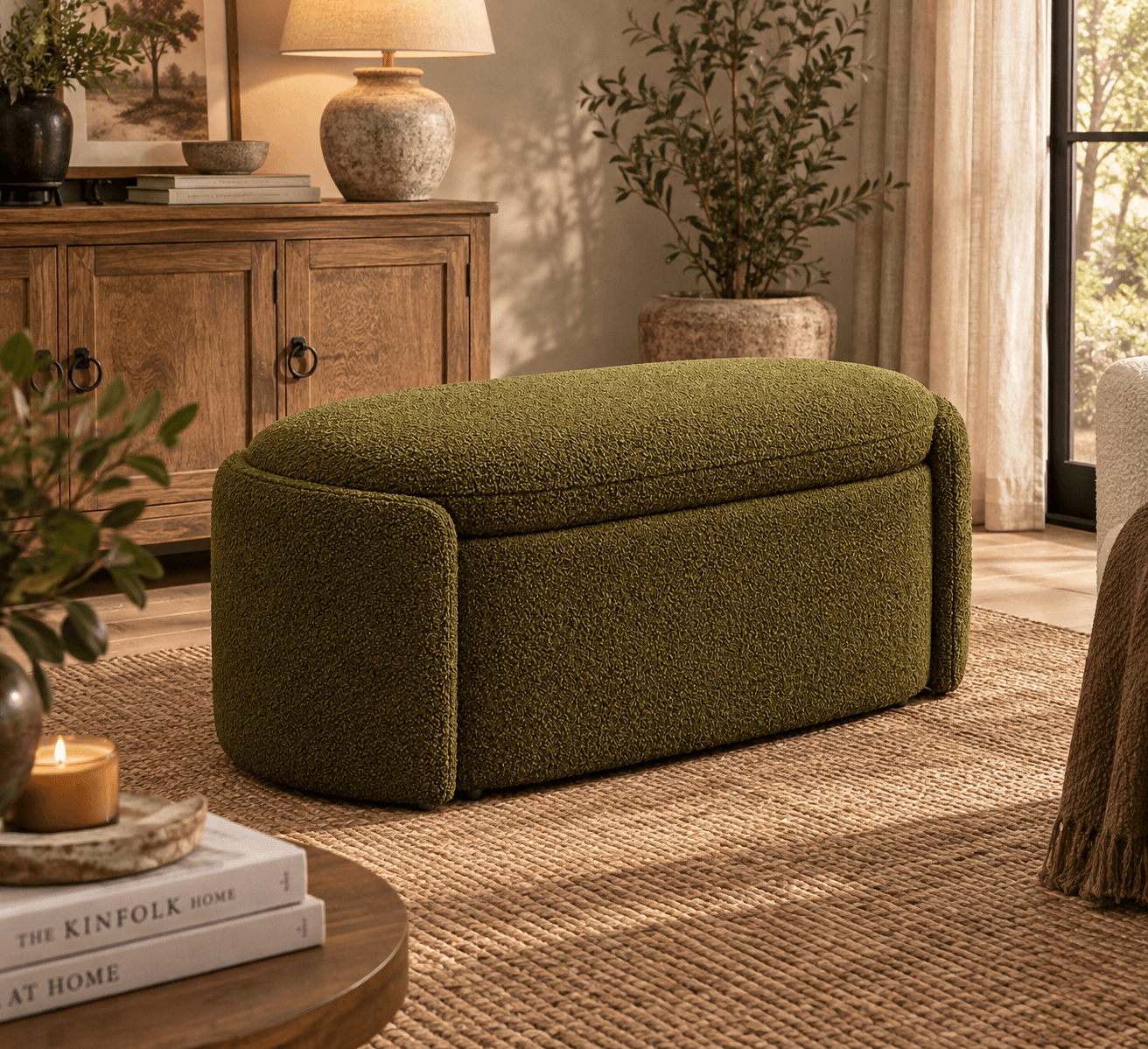 Boucle Olive Storage Bench